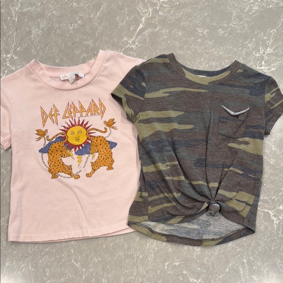 GB Girls Pink Def Leopard Graphic Tee and Camouflage Knot Top Like New - Picture 1 of 7